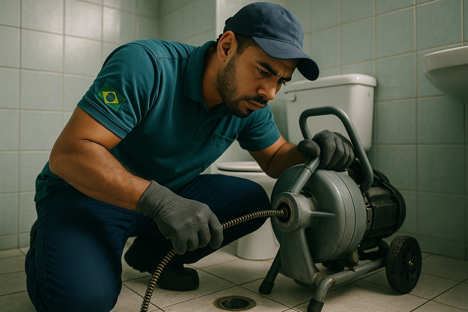 Técnico de desentupidora trabalhando com máquina em banheiro residencial