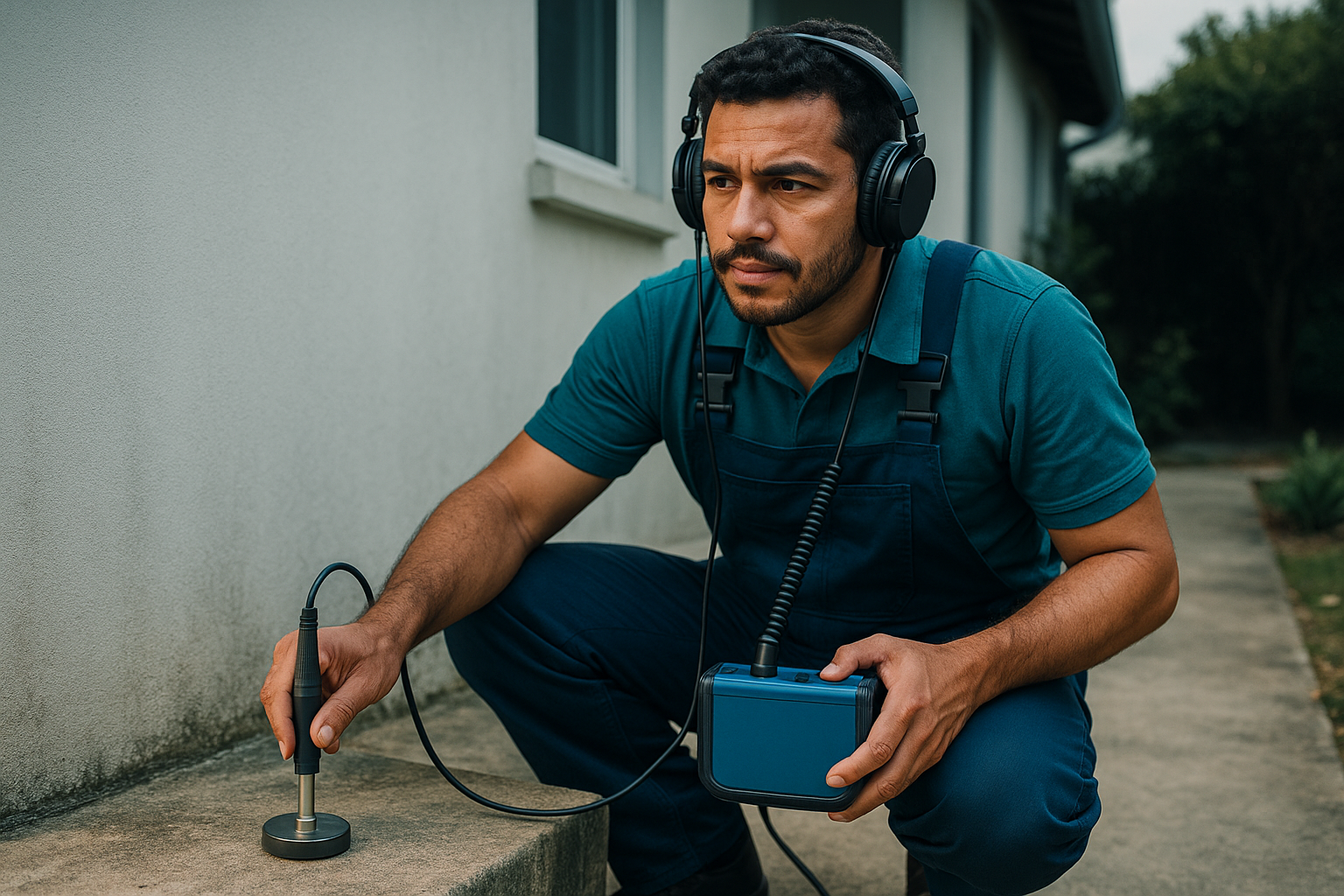 Técnico usando equipamento de detecção acústica de vazamento em parede residencial