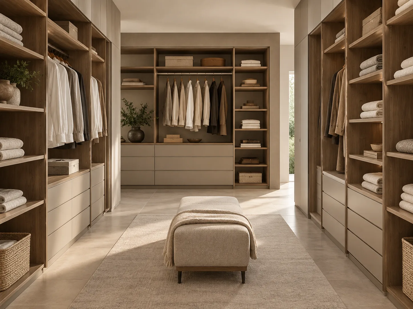 Closet planejado com prateleiras e cabideiros sob medida em tons neutros — projeto ilustrativo