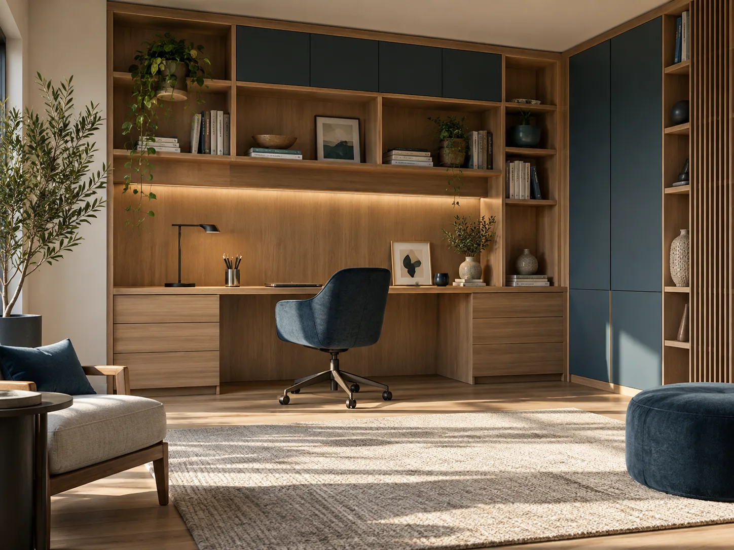 Home office planejado com bancada e estantes sob medida em madeira e detalhes em azul-marinho — projeto ilustrativo