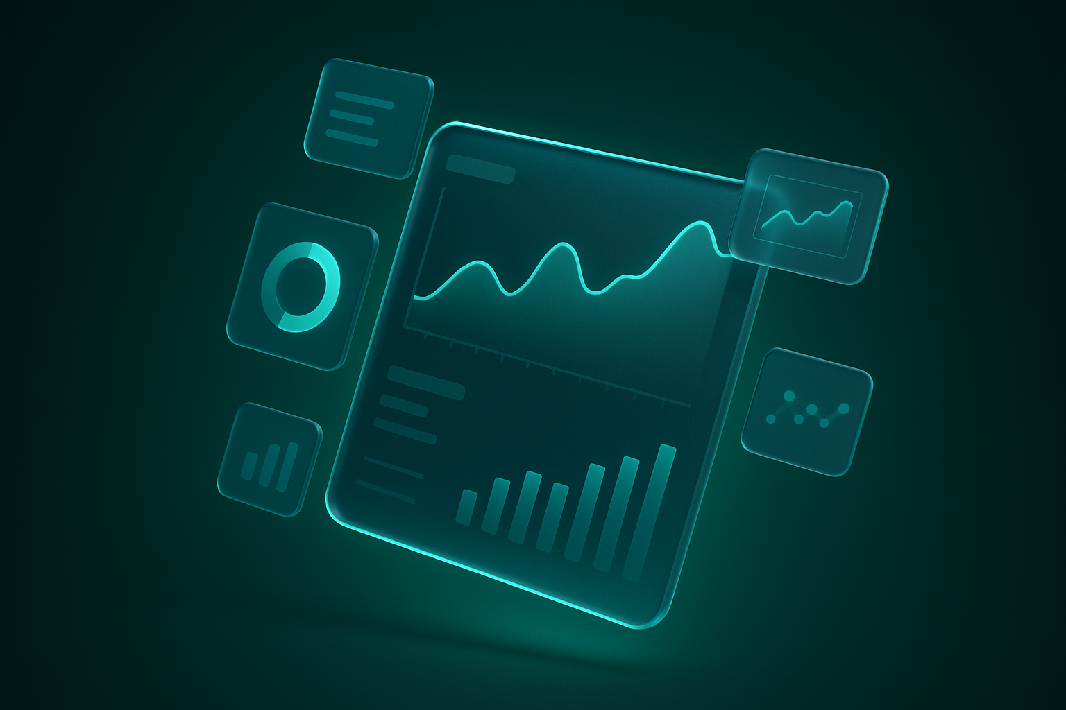 Painel de vidro 3D com gráficos teal representando o B-O-S, sistema operacional de marketing com IA