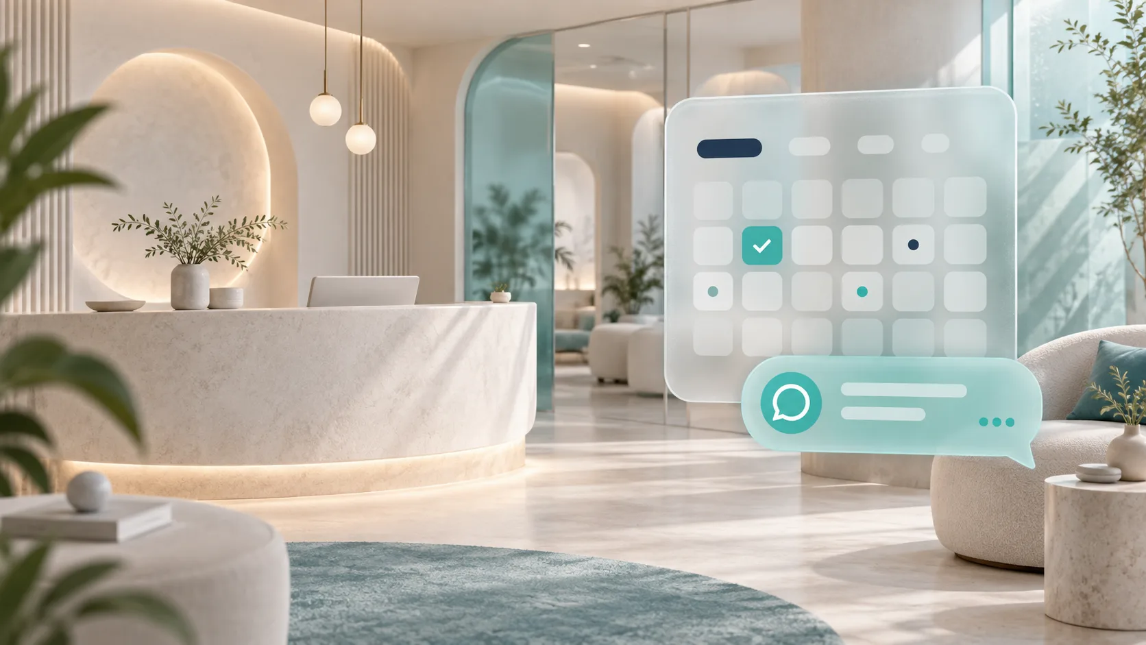 Ilustração de recepção de clínica de estética com painel de agenda confirmada e conversa de WhatsApp, em tons de teal e navy