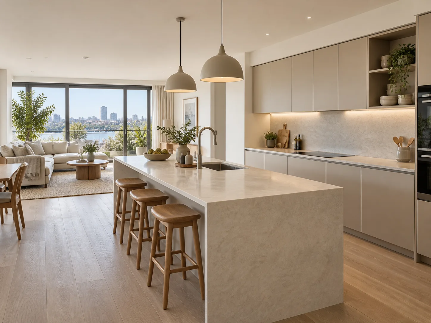 Cozinha integrada moderna de apartamento anunciado pela Imobiliária Exemplo, exemplo ilustrativo