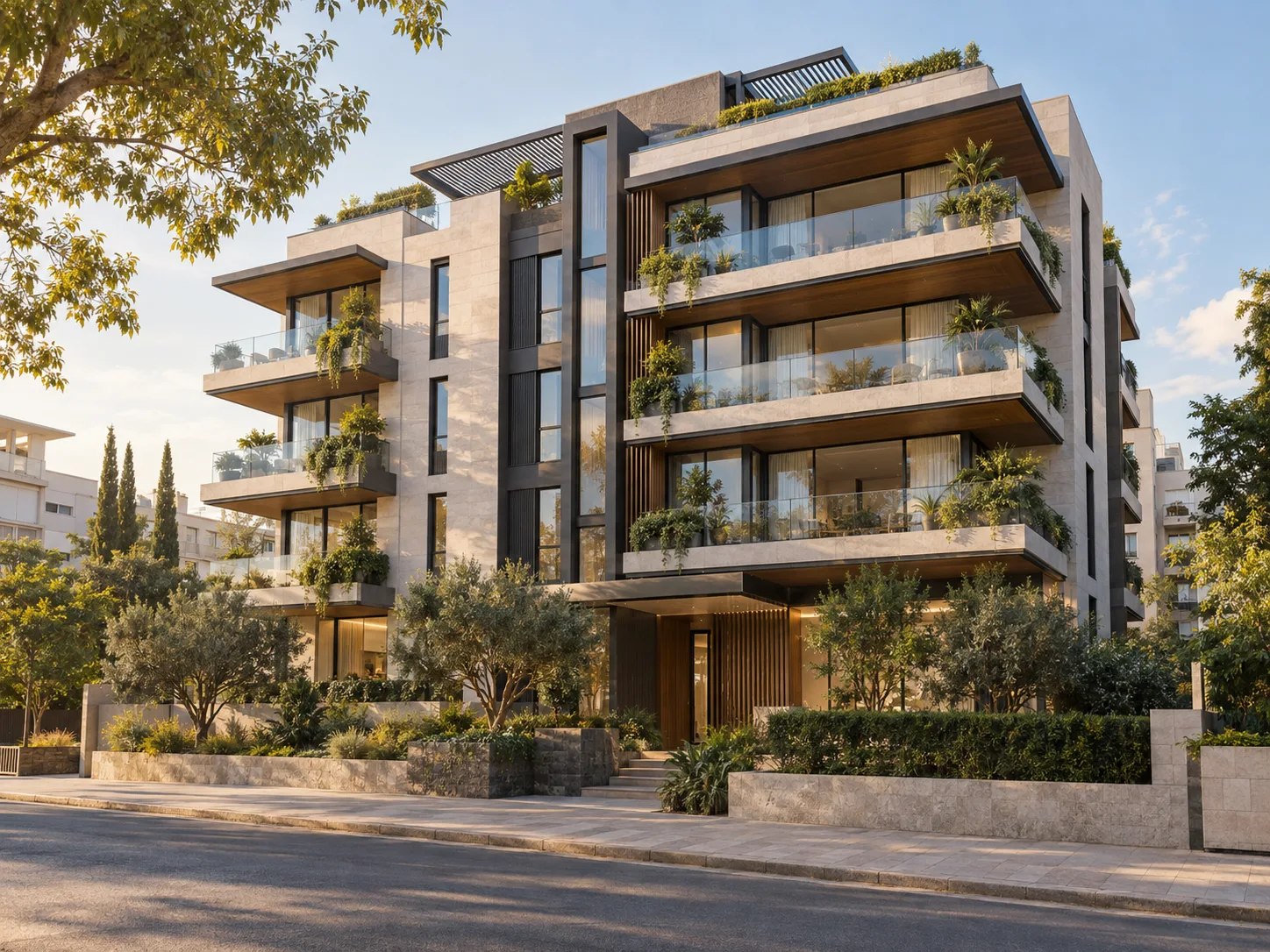 Fachada de prédio residencial contemporâneo anunciado pela Imobiliária Exemplo, exemplo ilustrativo