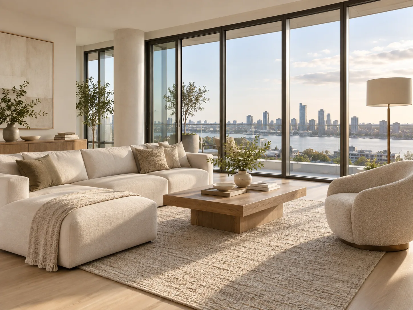 Sala de estar moderna e iluminada de apartamento anunciado pela Imobiliária Exemplo, exemplo ilustrativo