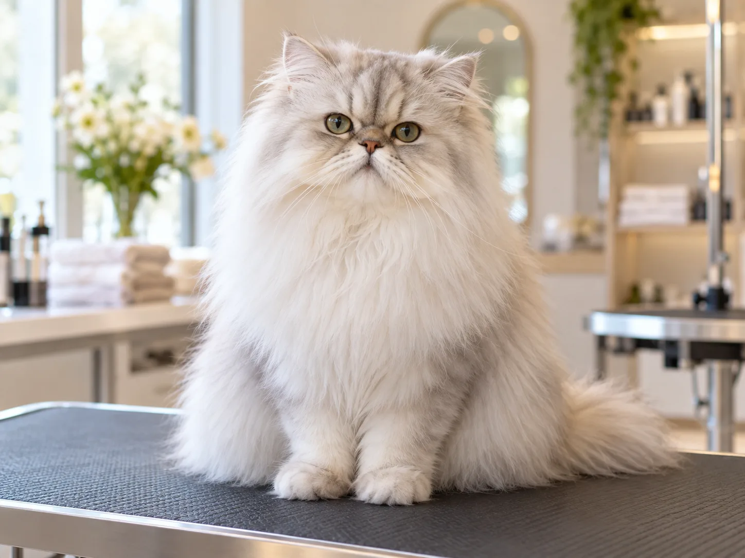 Gato persa recém-tosado e escovado, pelagem macia, em salão de banho e tosa