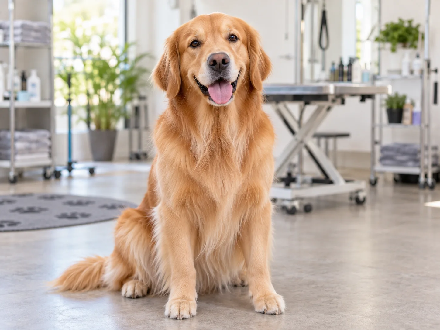Golden Retriever recém-banhado e tosado, pelagem escovada e brilhante, em salão de banho e tosa