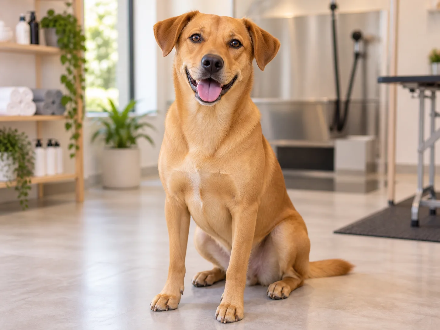 Cachorro vira-lata caramelo recém-banhado, pelagem brilhante, em salão de banho e tosa