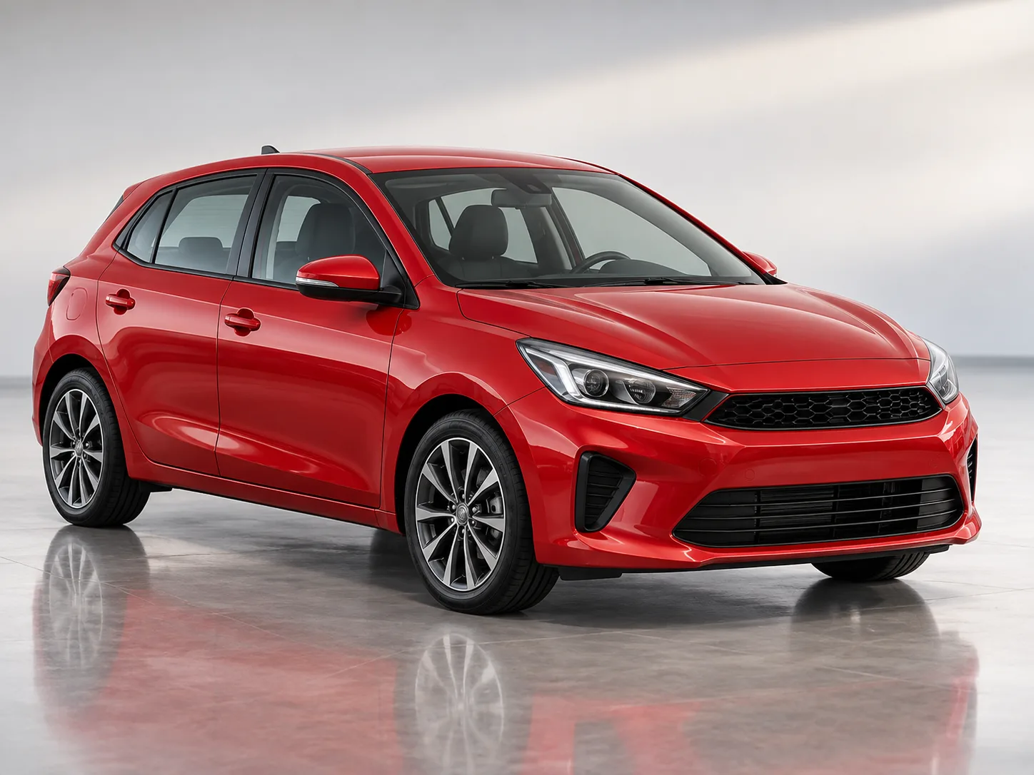 Hyundai HB20 2021 vermelho, ângulo frontal em três quartos, fundo neutro de showroom — foto ilustrativa da Loja Exemplo