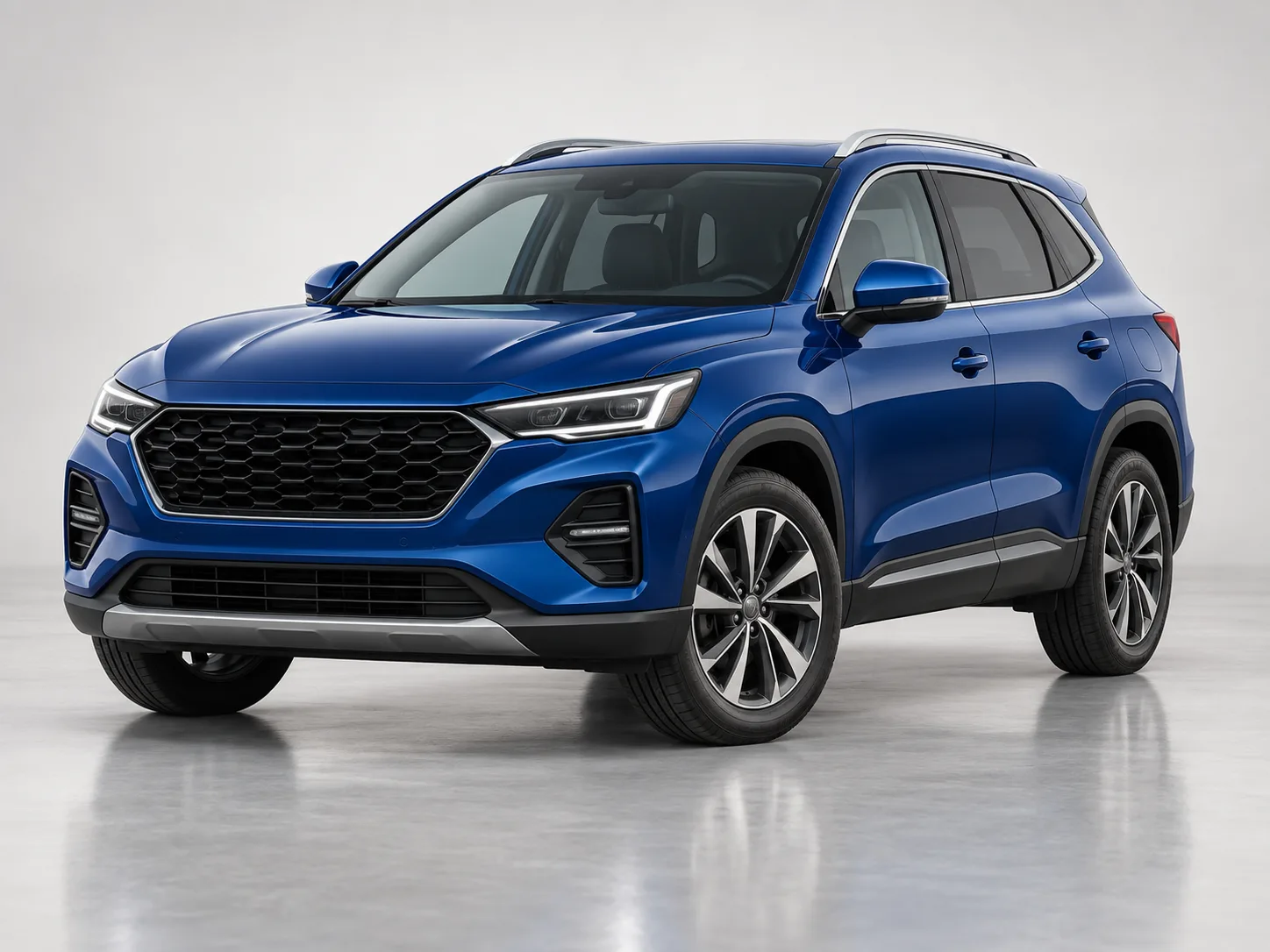 Jeep Compass 2023 azul, ângulo frontal em três quartos, fundo neutro de showroom — foto ilustrativa da Loja Exemplo
